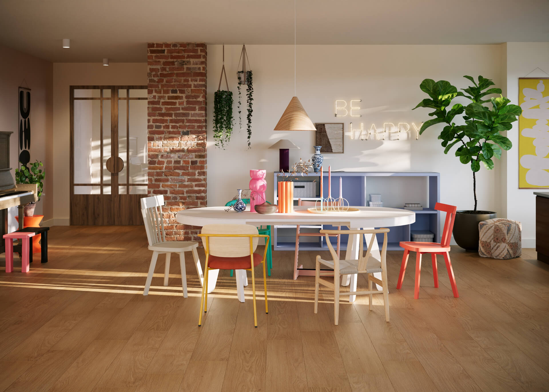 Saffier laminaatvloer in natuurlijke houtkleur, gelegd in woonkamer